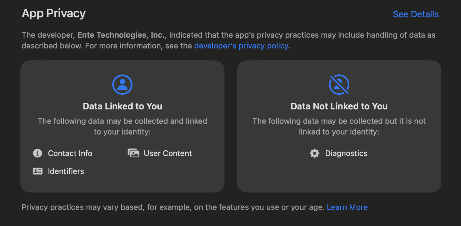 Privacy disclosure submitted to
AppStore