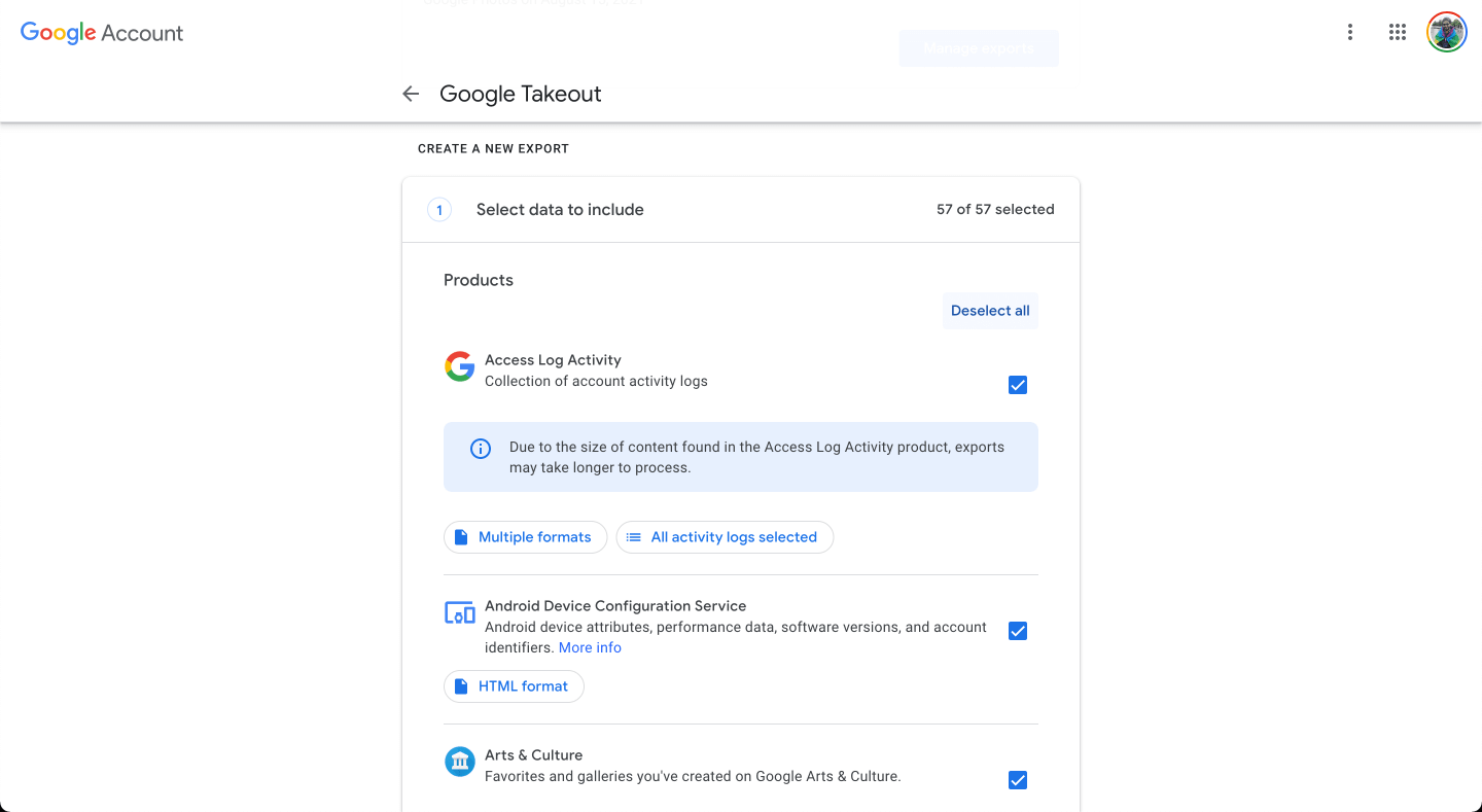 Google Takeout - Create a new export