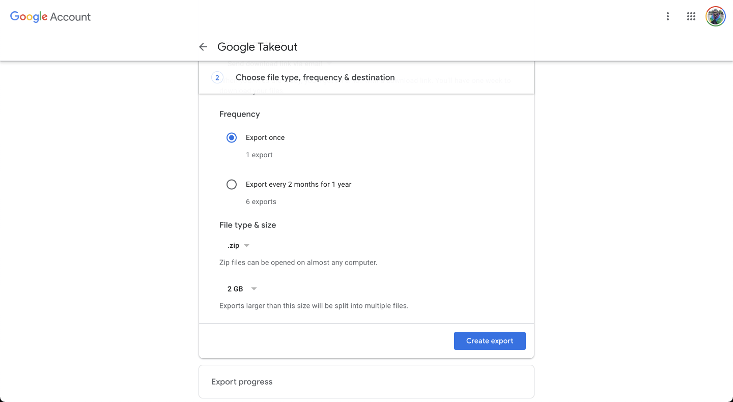 Google Takeout - Frequency and file size
