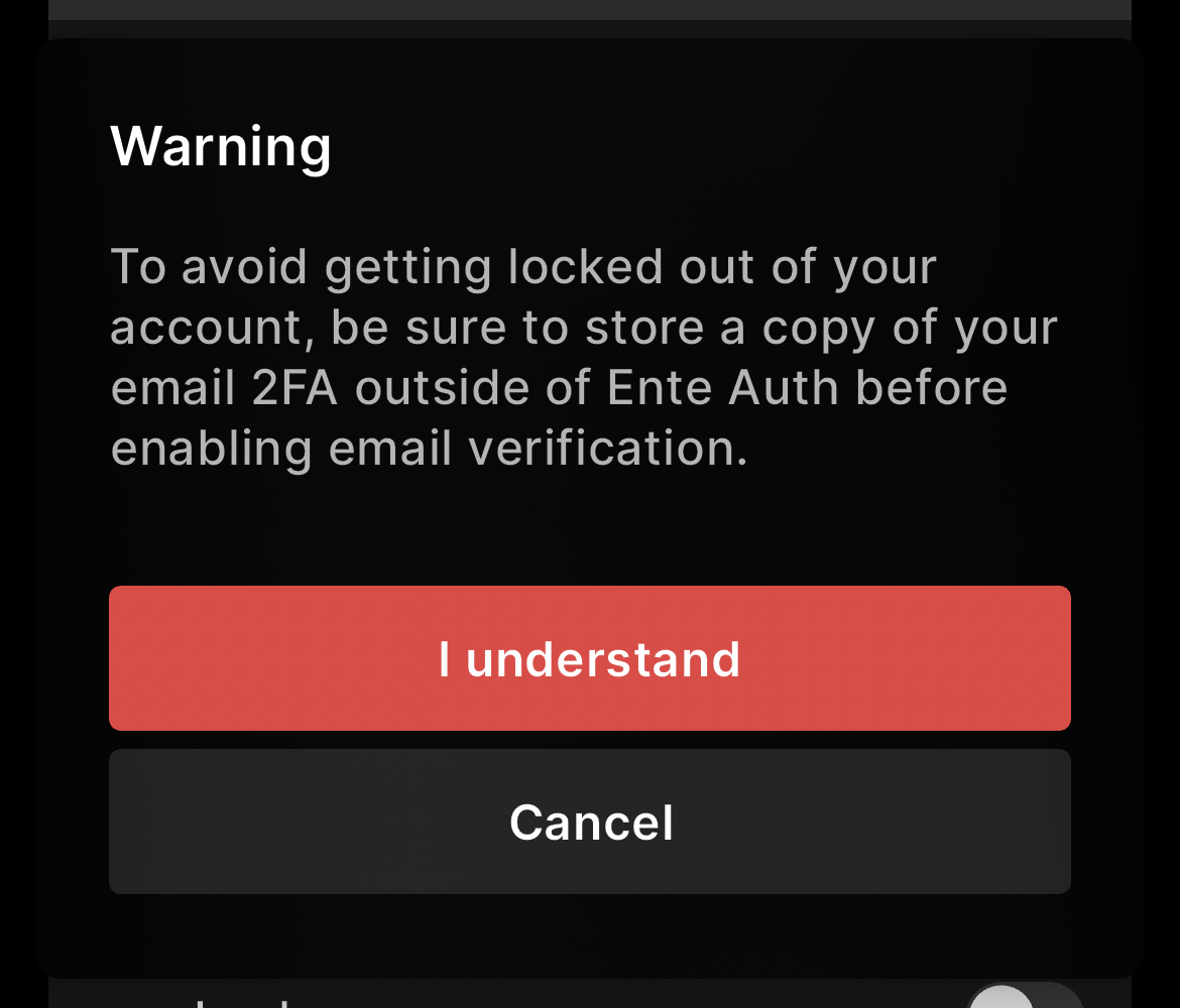 Warning shown when enabling 2FA in Ente Auth